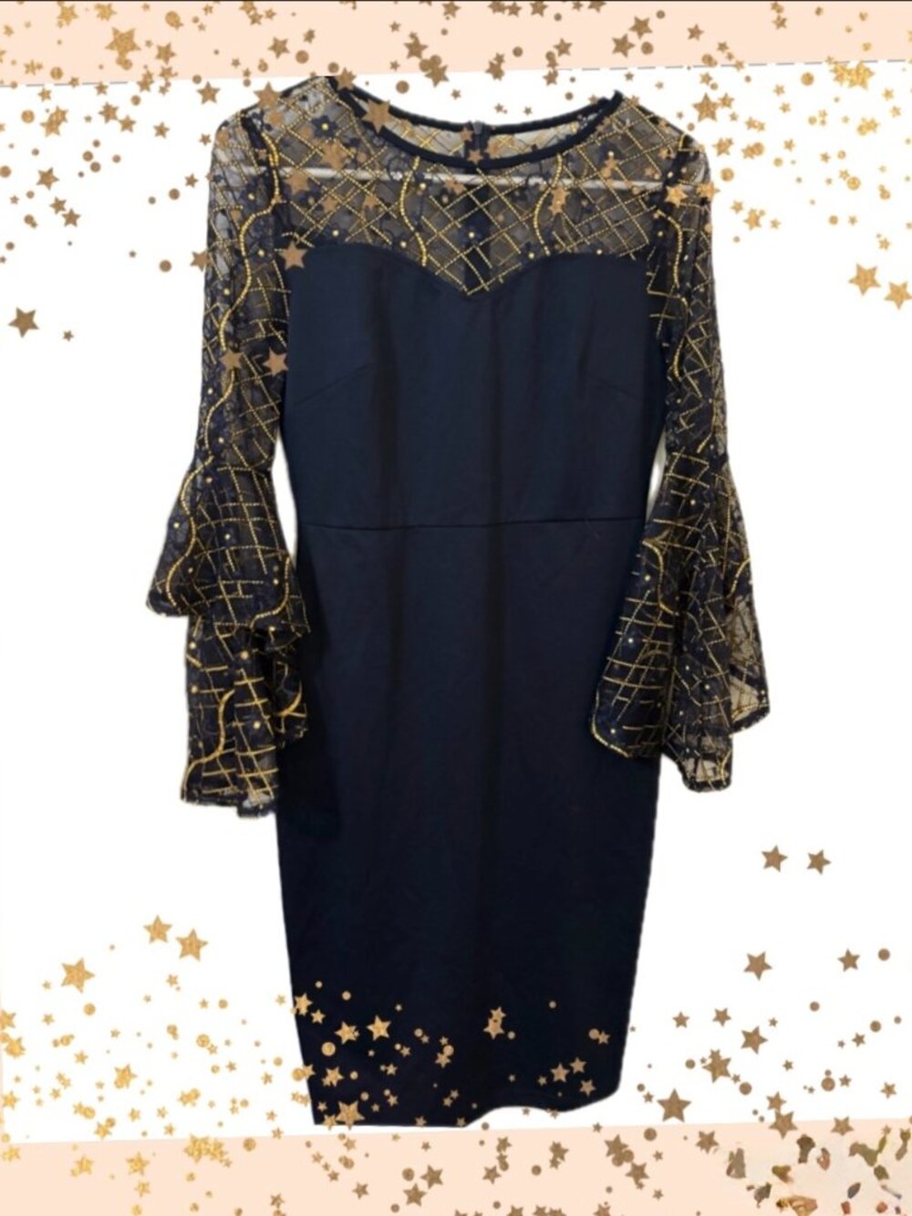 NWT VFSHOW Navy & Gold Embroidered Bell Sleeve Cocktail Dress Size S - Picture 1 of 3